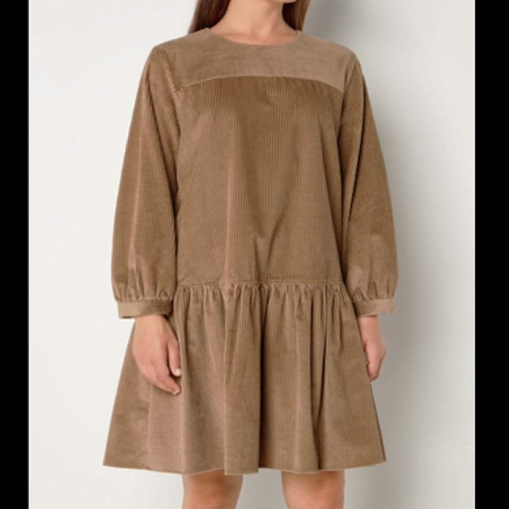 WEEKEND MAX MARA Pancone Tiered Corduroy Mini Dress Size 16 Brown - Picture 2 of 8